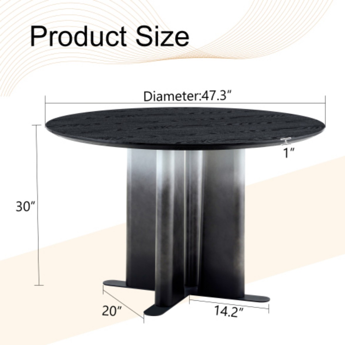 Round Black Wood Grain Dining Table, Modern MDF Kitchen Table for 2-4 People, Gradient Cross Base, Compact Table for Small Spaces, Black & White