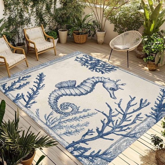 Fsddascl Navy Blue Seahorse Coastal Outdoor Rug for Patio/Deck/Porch, Non-Slip Large Area Rug 5 x 8 Ft, Beach Botanical Vintage Indoor Outdoor Rugs Washable Area Rugs, Reversible Camping Rug Carpet