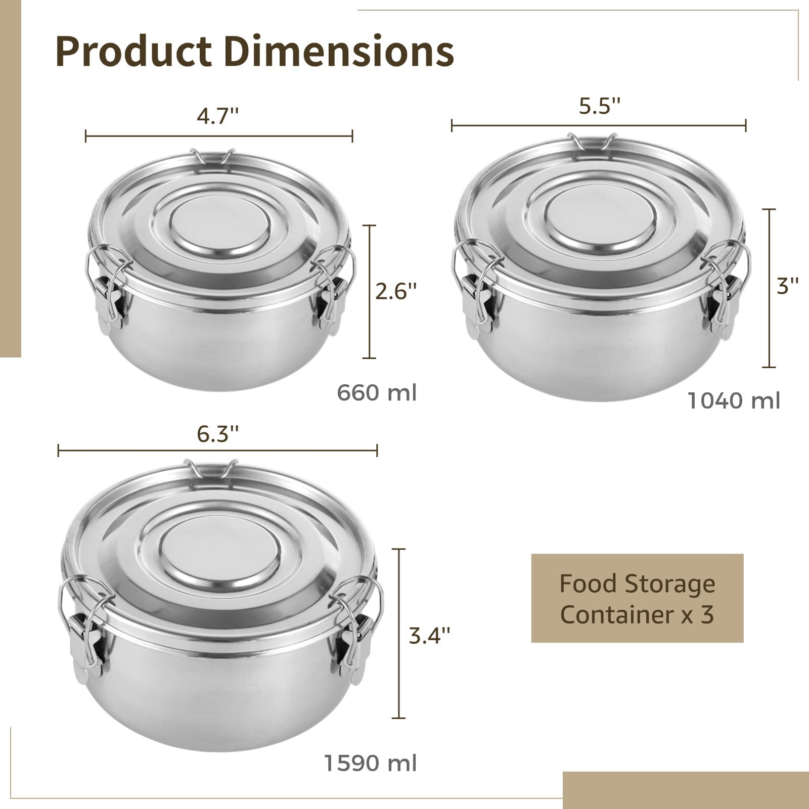 3 PCS Stainless Steel Bento Box Set, Leak-Proof Food Storage Containers, 3 Sizes Round Airtight Food Containers, Large-capacity Dishwasher Safe Lunch Boxes, Stackable Silver Thermal Bento Box