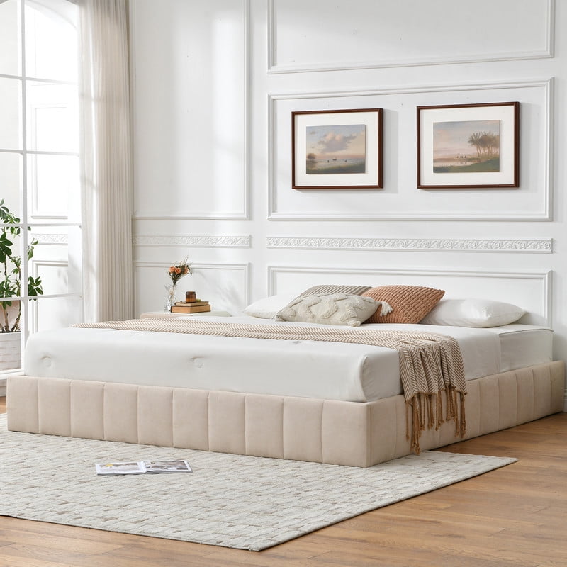 VELOCAVA Full Size Bed Frame with Lift Up Storage, Upholstered Platform Bed with Hydraulic Storage, No Headboard Low Profile Design, No Box Spring Needed, Beige