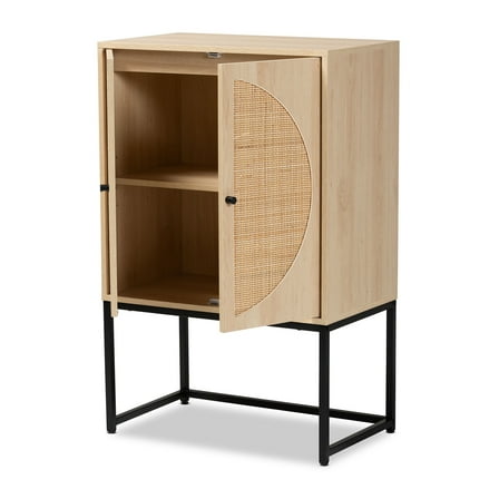 2-Door Storage Cabinet - Wood & Metal Rattan Accent Cabinet - Brown Finish Organizer