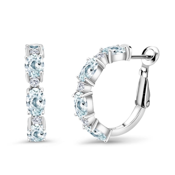 Gem Stone King 925 Sterling Silver Hoop Earrings Oval Aquamarine Moissanite (4.23 Cttw)