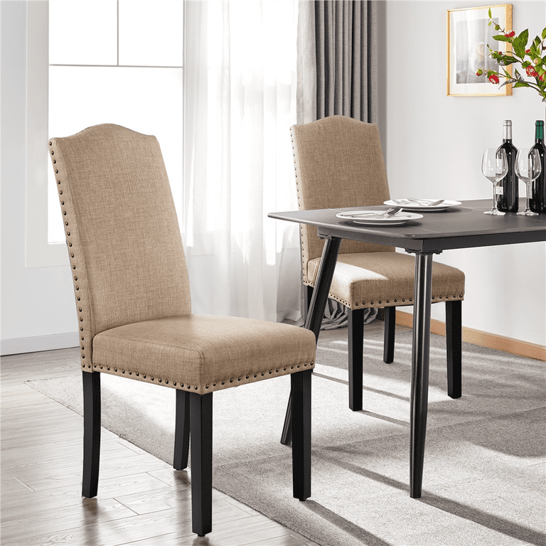 Easyfashion Set of 2 Classic Upholstered Dining Chair Khaki