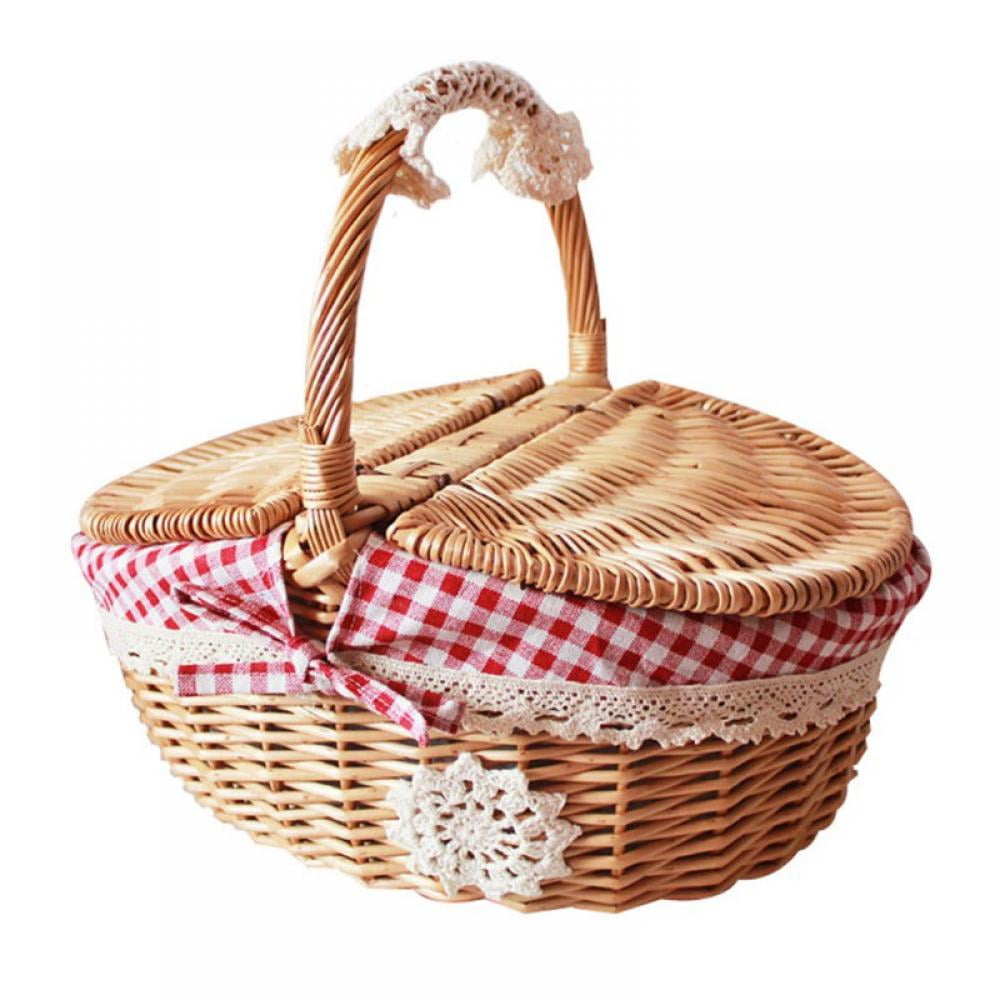 Wooden Split Lid Picnic Basket Camping Outdoor Red Thanks Giving Wicker Picnic Basket with Liner Valentine Day Birthday Vintage-Style Wicker Picnic Hamper with Folding Woven Handle for Picnic 