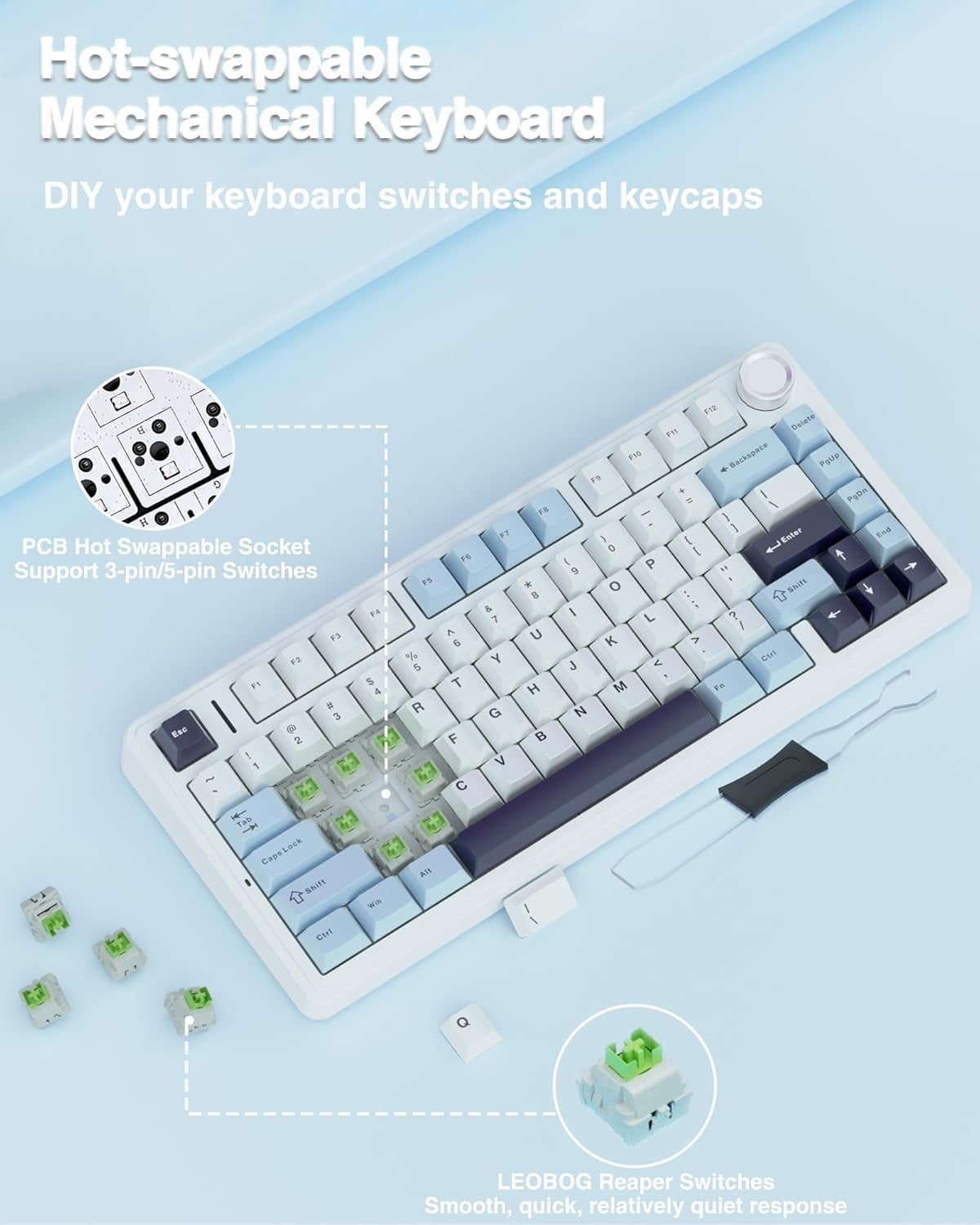 F75 75% Mechanical Keyboard, Hot Swappable Creamy Keyboard, Pre-lubed Reaper Switches, 2.4GHz/Type-C/BT5.0, Backlit Gaming Keyboards(White & Blue)