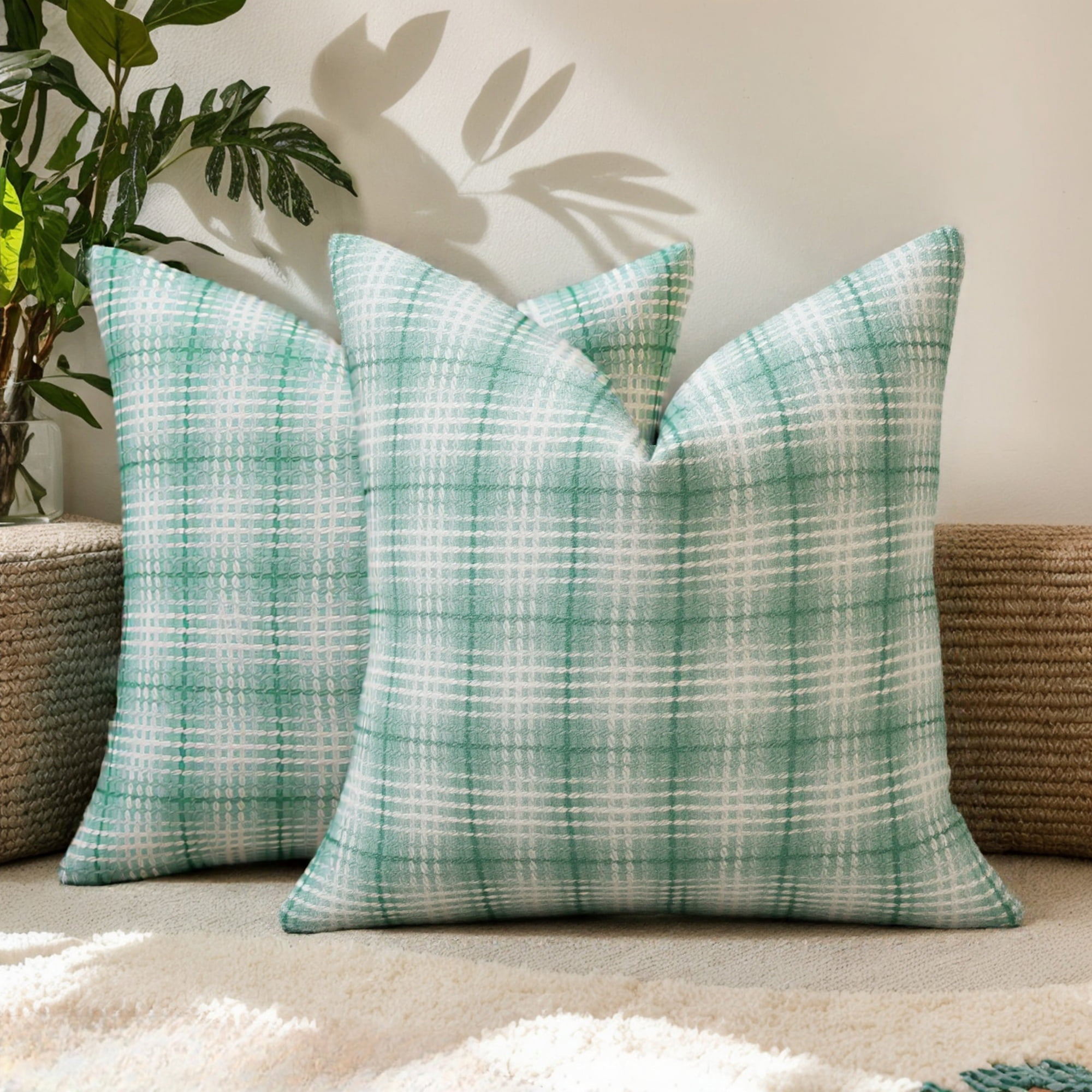 Unique Bargains Plaid Decorative Throw Pillow Covers Pack of 2 Mint Green 20" x 20"