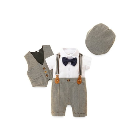 

xingqing Baby Boy Outfits Set 3pcs Short Sleeve Gentleman Jumpsuit + Vest Coat + Berets Hat with Bow Tie Light Gray 12-24 Months