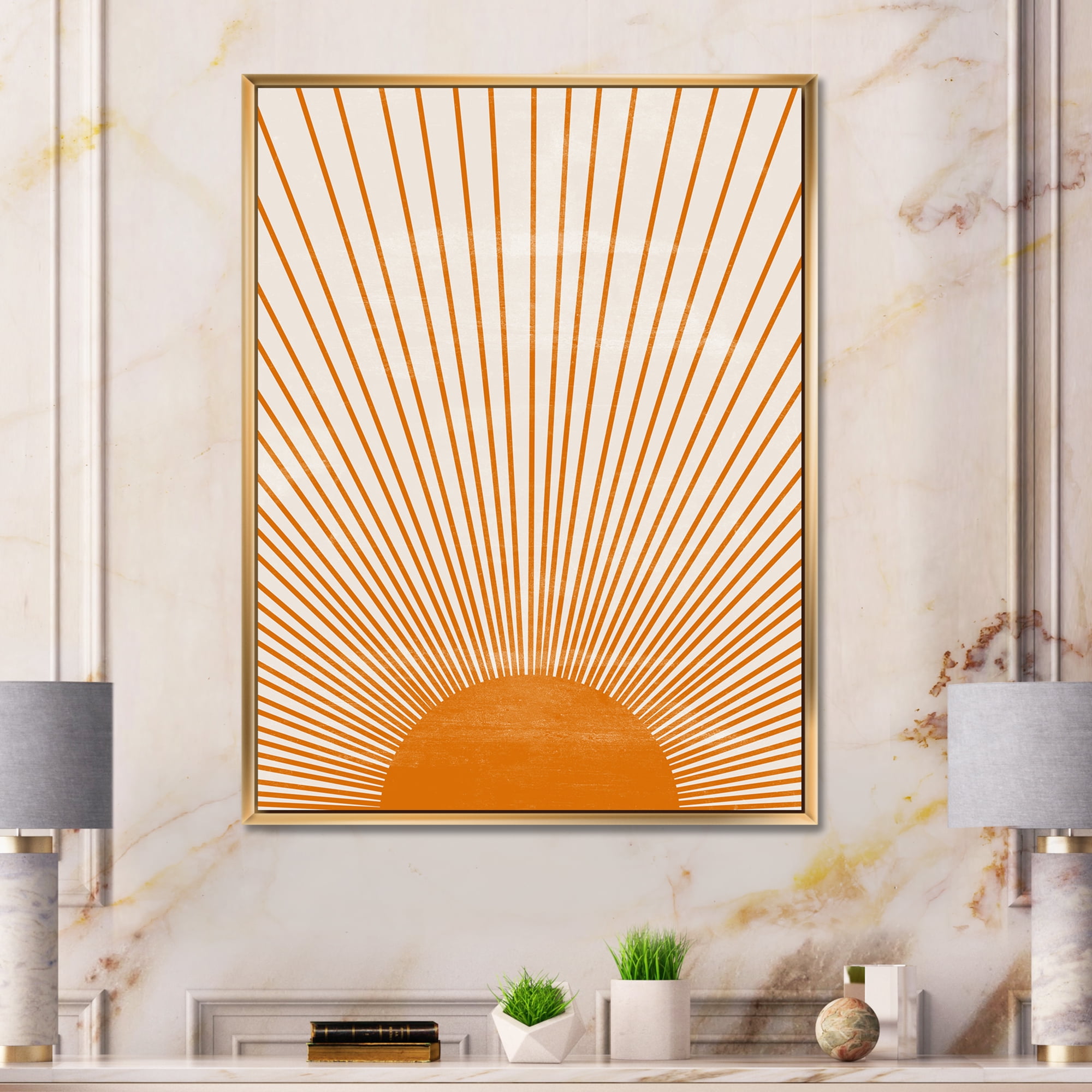 Designart 'Orange Sun Print On Beige III' Modern Framed Canvas Wall Art Print