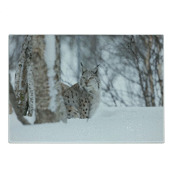Animal Cutting Board, European Lynx Snowy Cold Forest Norway Nordic Country Wildlife Apex Predator, Decorative Tempered Glass Cutting and Serving Board, Small Size, Pale Brown White, by Ambesonne