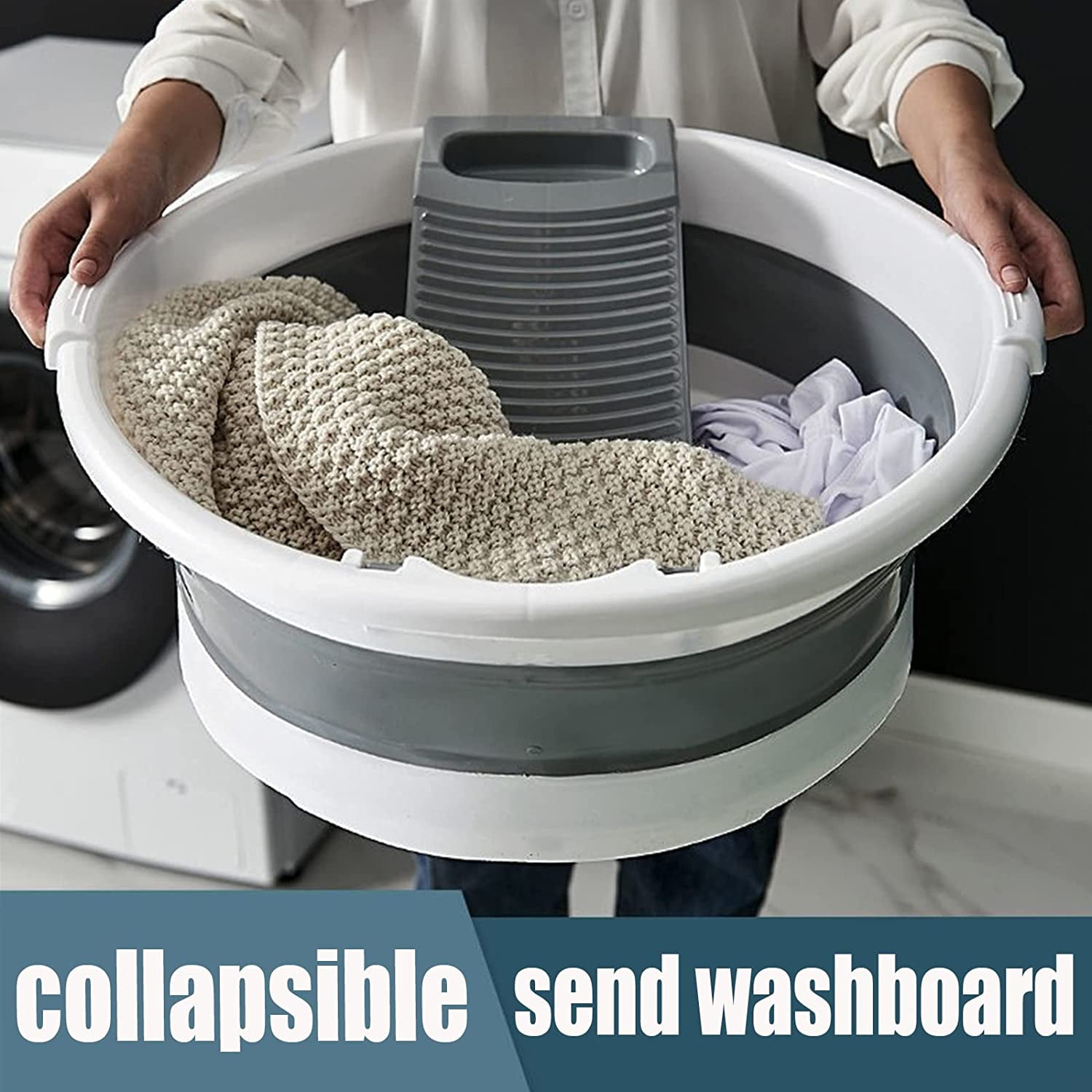 LANGM Foldable Wash Tub with Washboard Laundry Kit Plastic Folding