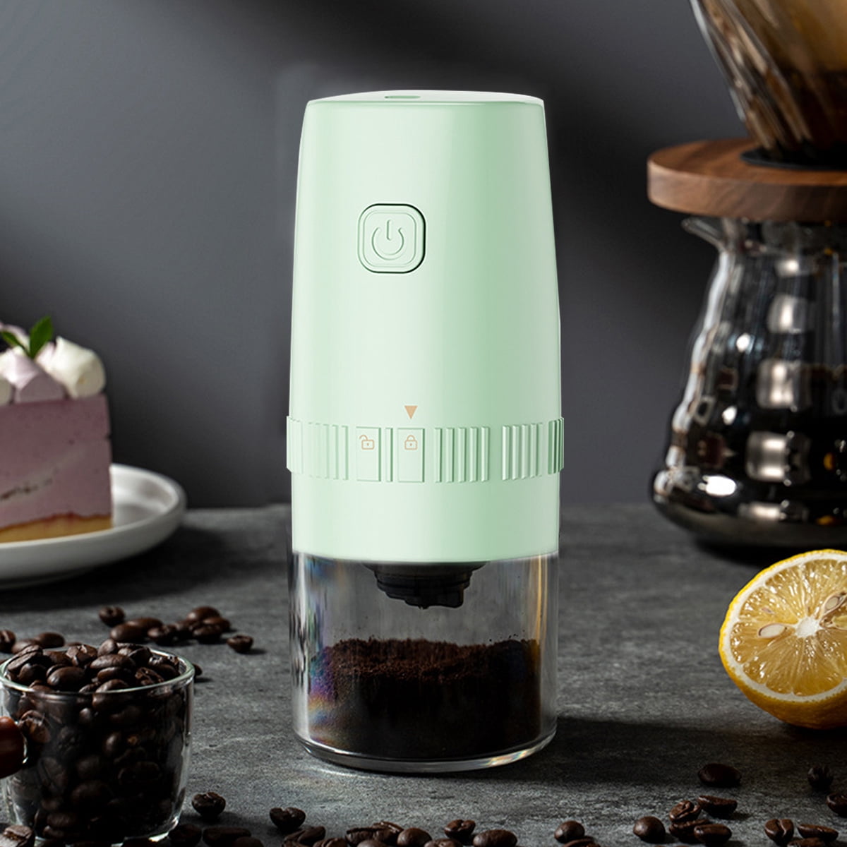Portable Electric Burr Coffee Grinder, Small Automatic Ceramic Conical Spice Grinder, Slow Coffee Bean Grinder with Setting - green