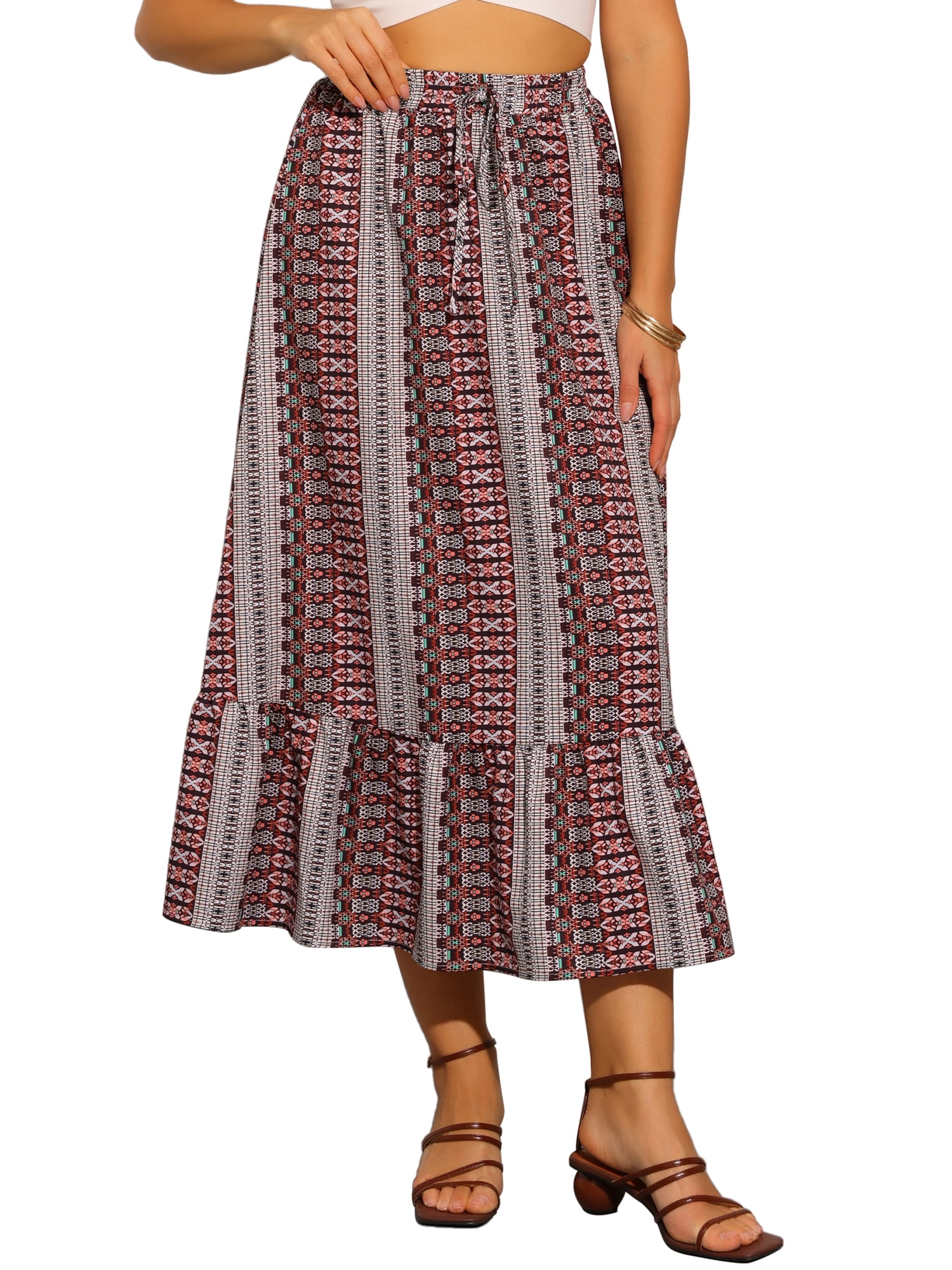 DARING DIVA Women's Elastic High Waist A-Line Spring Printed Midi Skirt S Dark Red