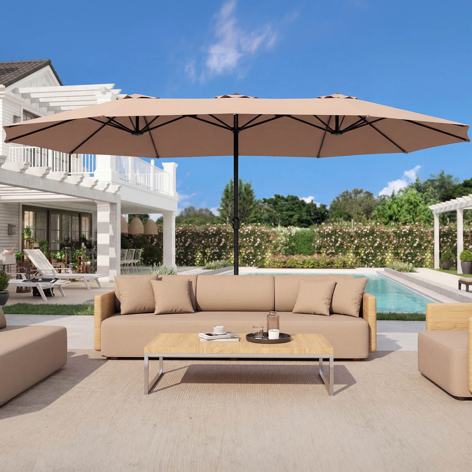 15ft Outdoor Patio Umbrella Extra-Large Double-Sided Garden Umbrella with Crank Handle - Beige