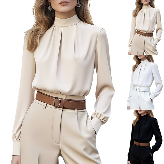 Long Sleeve Shirts for Women Mock Neck Tops Pleated Front Blouses Dressy Casual Spring Fall Clothes 2026 Fashion