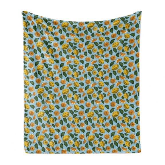 Lemon Soft Flannel Fleece Throw Blanket, Digitally Generated Sour Fruit and Leaves, Cozy Plush for Indoor and Outdoor Use, 60" x 80", Pale Blue Multicolor, by Ambesonne