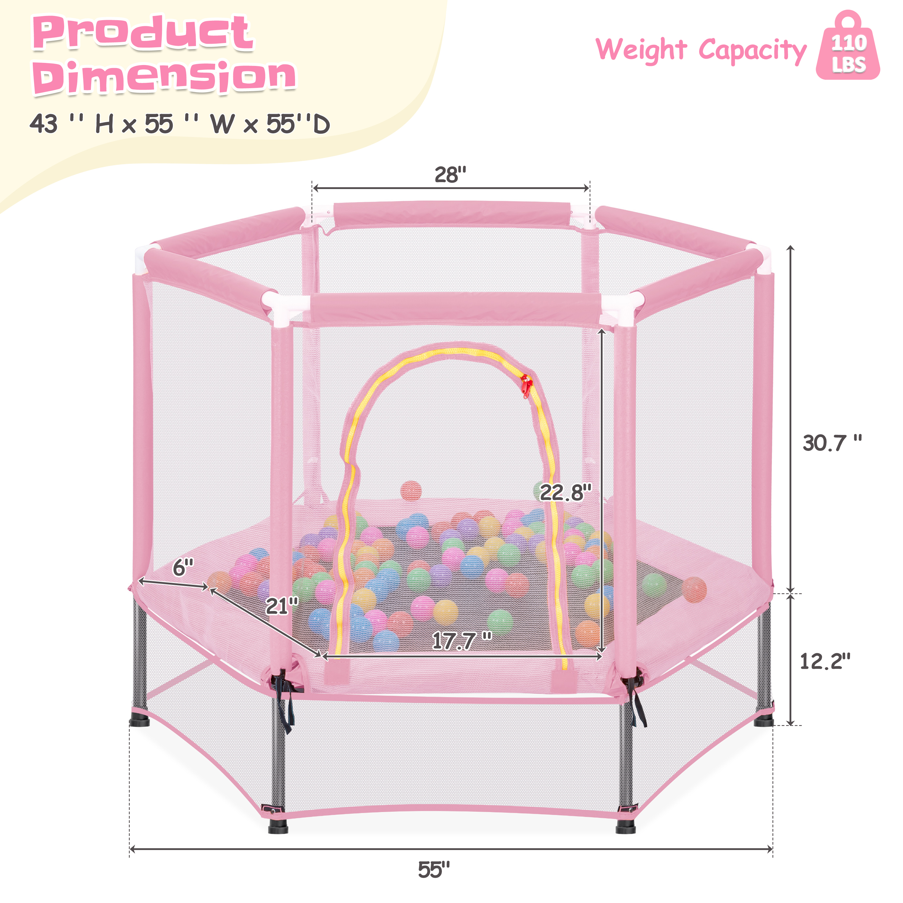 EUROCO 55" Mini Toddler Trampoline with Ocean Balls, No-Gap Design, Small Round Trampoline for Kids with Upper&Lower Safety Net