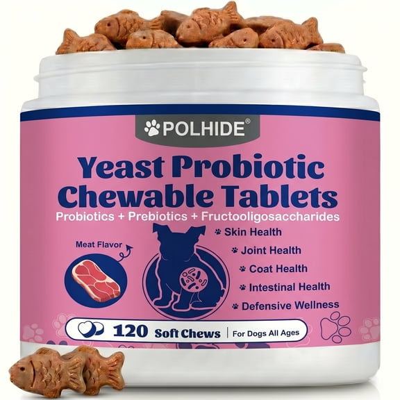 POLHIDE Yeast Probiotic Chews for Dogs, Itch Relief Sensitive Skin and Gut Health Support, 3 Billion CFU, Meat Flavor, 120 Count