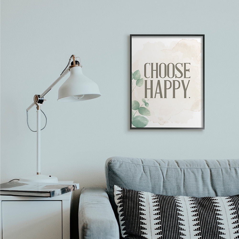 Stupell Industries Choose Happy Text Green Leaves Neutral Brown Black Framed by Kim Allen