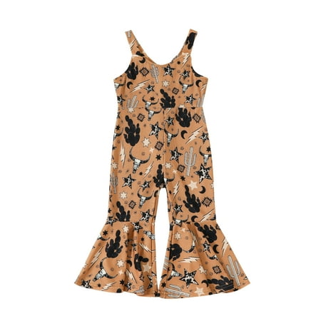 

aturustex 12M 18M 24M 3T 4T 5T Toddler Girls Jumpsuits Cow Head Print Sleeveless Sling Romper Summer Casual Flare Pants Playsuits Bodysuit
