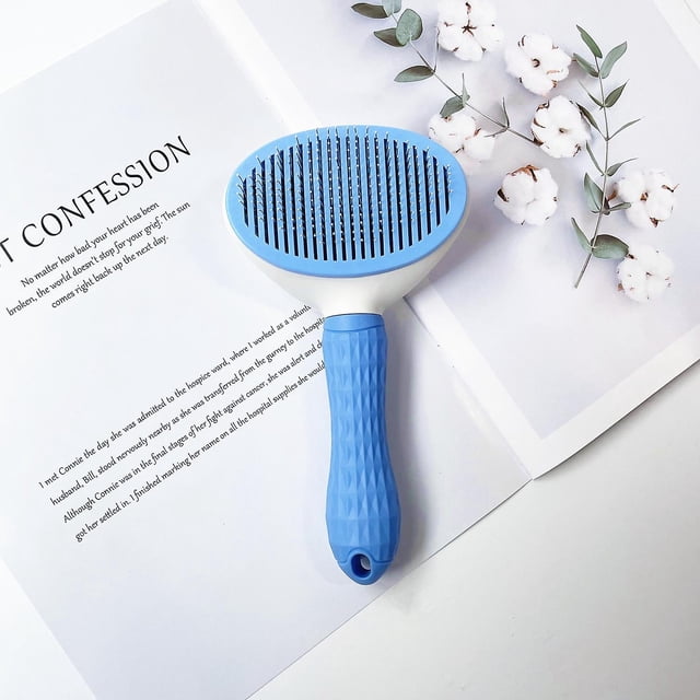 Peine con cepillo autolimpiante, el mejor cuidado para mascotas, gatos, perros, pelo largo y corto, herramienta para quitar el pelo suelto y enredado, azul