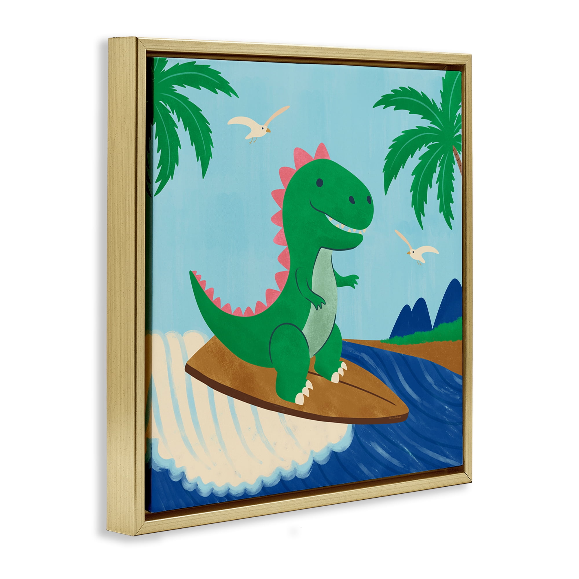 Stupell Industries Baby Surfing Dino Animals Painting Gold Floater Framed Canvas Art Print Wall Art, 25 x 25