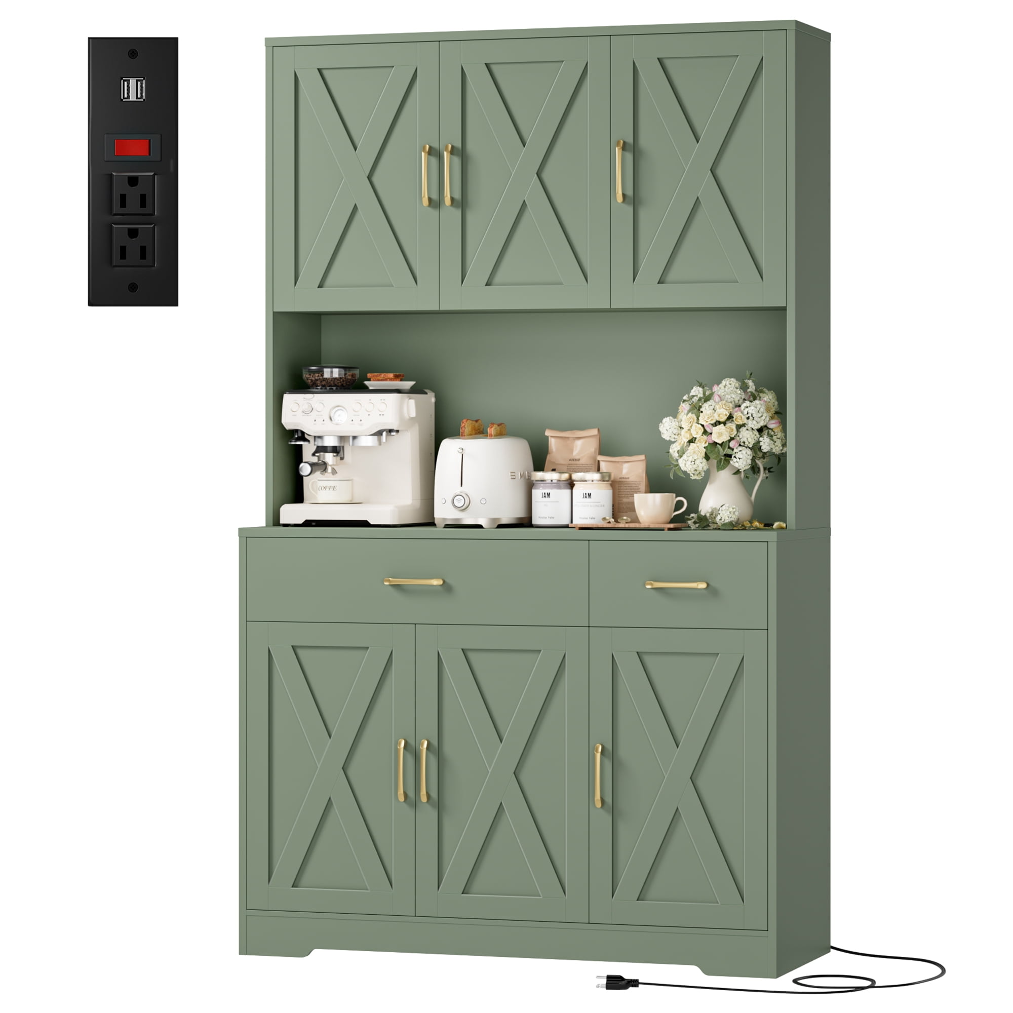 Homfa 71" Kitchen Pantry with Charging Station, Freestanding Cupboard with Adjustable Shelves, Floor Cabinet for Dining Room, Green