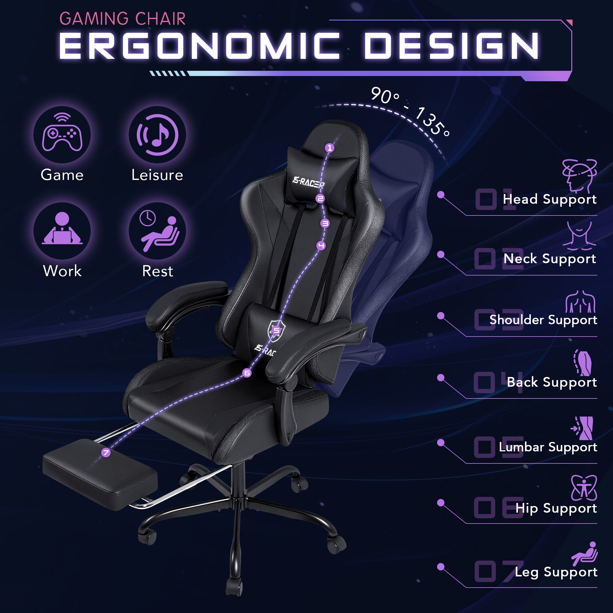 Homall RGB Gaming Chair Massage Reclining Racing Chair with APP & Remote Control, Audio Sync LED, Footrest & Headrest, Black