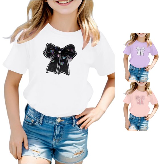 WhouRiu Girls Fashion Bow Graphic Tees Kids Short Sleeve Crew Neck Tshirt Comfortable Cute Casual Summer T Shirts,18-24 Months