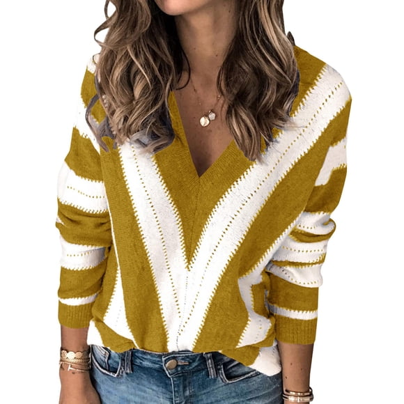 Suéter PRETTYGARDEN 2025 Cuello en V a Rayas Mostaza Talle S