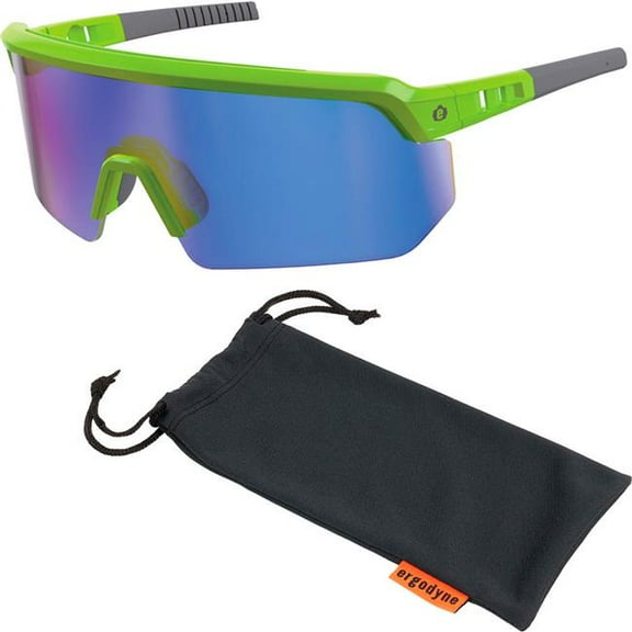Skullerz AEGIR Safety Glasses, Mirrored Lenses, Lime Nylon Impact Frame, Blue Mirror Polycarbonate Lens