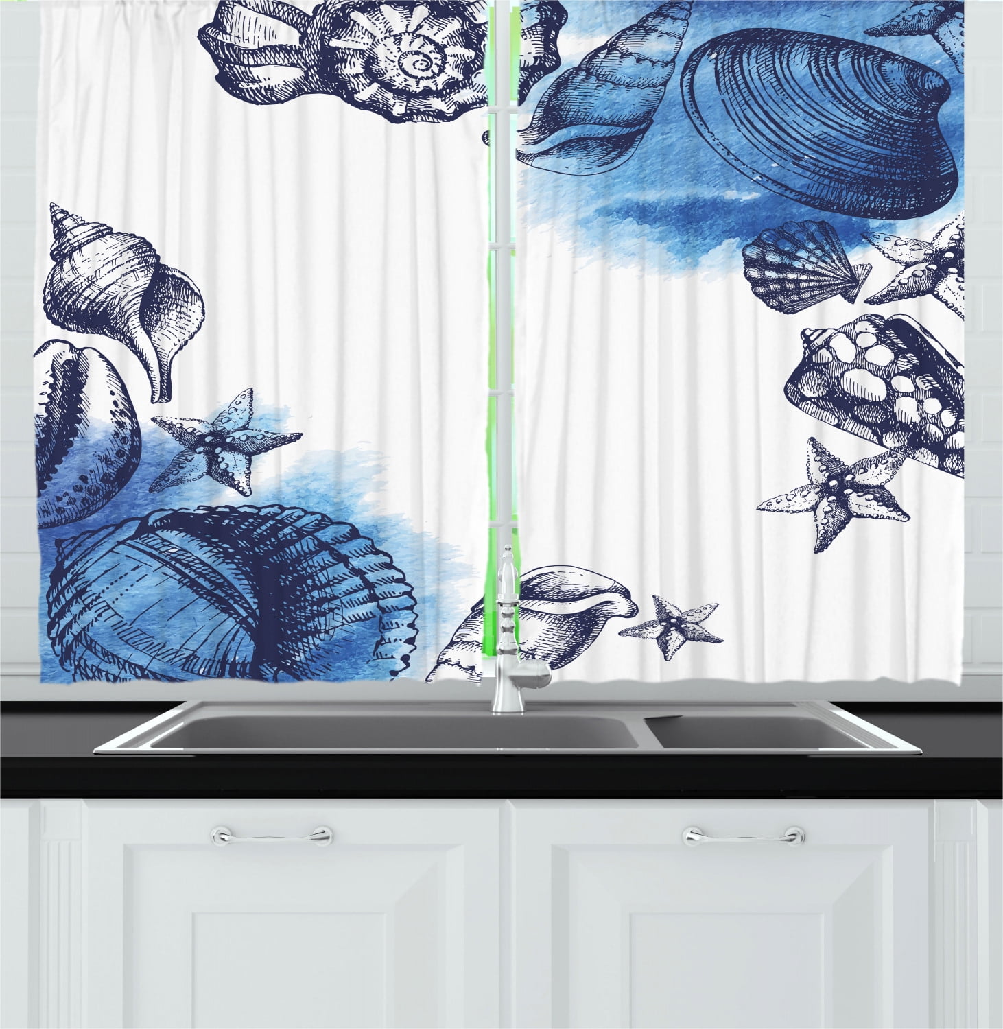 Ocean Curtains 2 Panels Set, Sealife Sea Shells and Sand Stones Deep Water Star Fish with Quote Print, Window Drapes for Living Room Bedroom, 55W X 39L Inches, Navy Blue and White, by Ambesonne