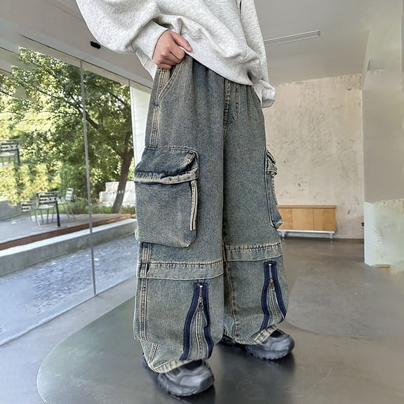 Huowey Teens Cargo Jeans Comfortable Stretch Denim Pants Wide Leg Casual Loose Fit Trousers Fot Big Boys Elastic Waist Drawstring Relaxed Outwear,Blue,4-5 Years