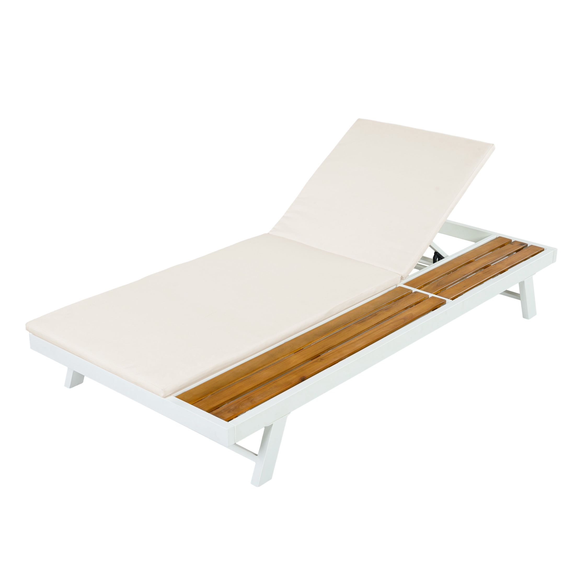 Christopher Knight Home Adjustable Outdoor Iron Chaise Lounge with Cushion, Wood Side Shelf, White+Cream