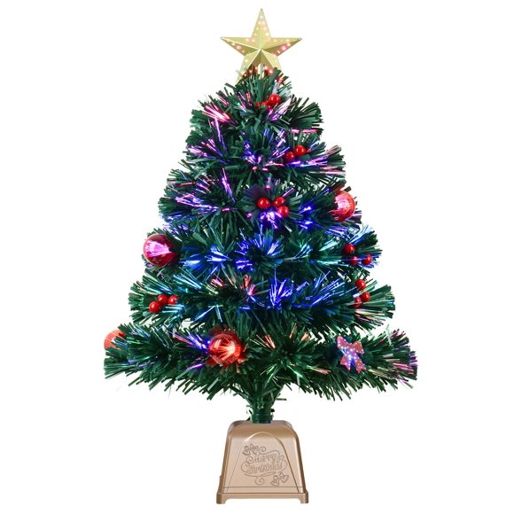 Árbol de Navidad HABAGOU de fibra óptica verde, 60 cm, con adornos