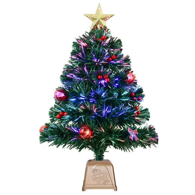 Árbol de Navidad HABAGOU de fibra óptica verde, 60 cm, con adornos