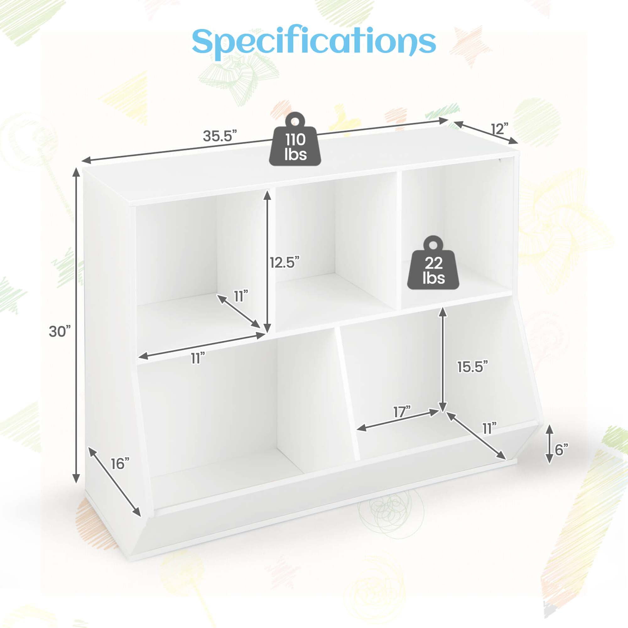 Costway 5-Cubby Kids Toy Storage Organizer Wooden Bookshelf Display Cabinet White