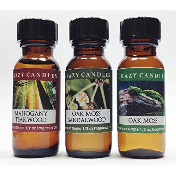 3 Bottles Set, 1 Mahogany Teakwood, 1 Oakmoss Sandalwood, 1 Oakmoss Mild Scent 1/2 Fl Oz Each 15ml Premium Grade Scented Fra