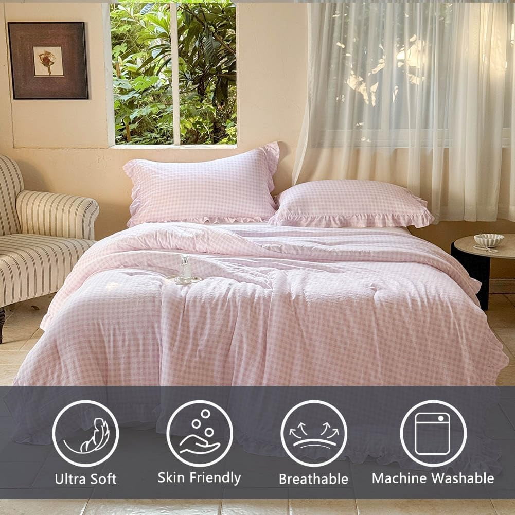 Pink Gingham Ruffle Twin Comforter Set, Pink Ruffled Plaid Bedding Set, Ruffled Checked Bed Comforter 2 Pieces(Pink Gingham, Twin)