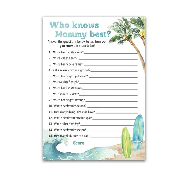 BEACH SURF Theme Baby Shower Games, Who Knows Mommy Best — Pack of 25 — Summer Blue Ocean Surfing, Fun Mom to-be Baby Shower Activity, Gender Neutral Couples Shower Co-ed Shower Game G940-WKM
