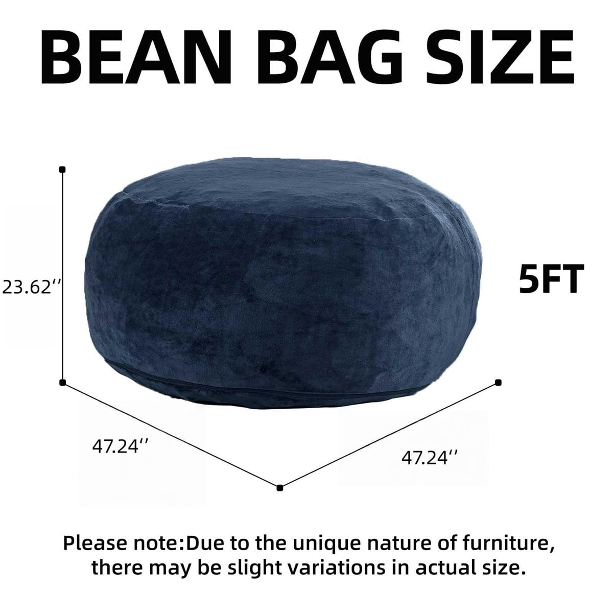 Hommoo 5FT Bean Bag Chair, Memory Foam Filling Soft Sofa with Flannel Cover, Round Sofa for Living Room, Bedroom, College Dorm, Blue