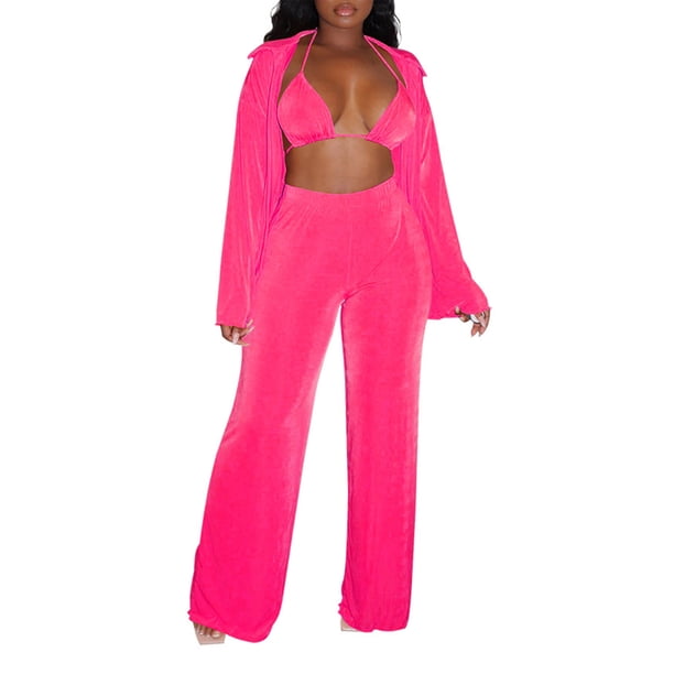 VISgogo Conjunto de Ropa de 3 Piezas para Mujer, Blusa de Color Sólido de Manga Larga con Cuello de Solapa + Sujetador + Pantalones de Pierna Ancha VISgogo moda