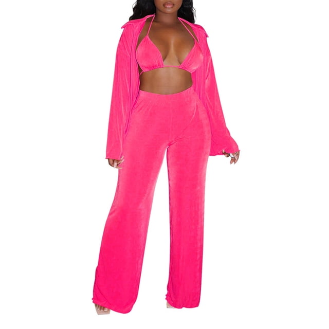 VISgogo Conjunto de Ropa de 3 Piezas para Mujer, Blusa de Color Sólido de Manga Larga con Cuello de Solapa + Sujetador + Pantalones de Pierna Ancha VISgogo moda
