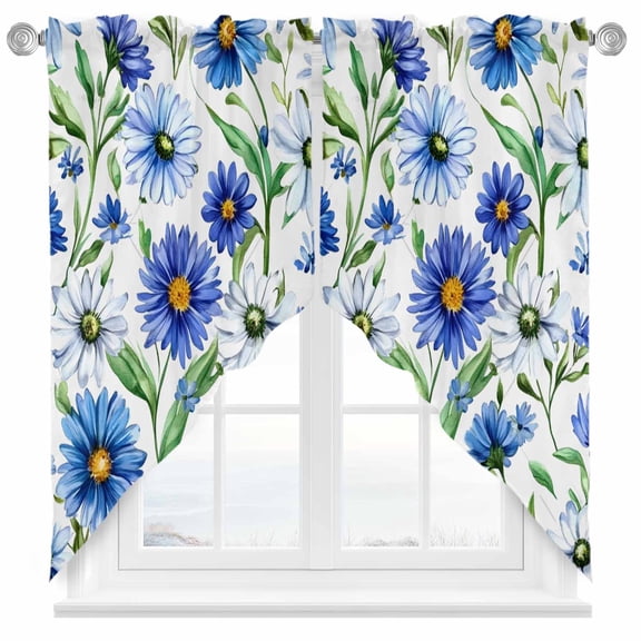 Vintage Blue Flower Swag Kitchen Curtain Valances, Spring Watercolor Daisy Rod Pocket Curtains Window Treatment Decor Valances for Bedroom Bathroom, 2 Panels 28 x 36 Inch