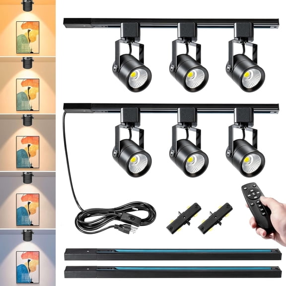 Fuyaceno Plug in Track Lighting with Power Cord & Remote, 6-Light LED Track Lighting Kit with 6.6FT H Track Lighting Rails, Modern Kitchen Plug in Ceiling Lights Fixtures, 10W Black