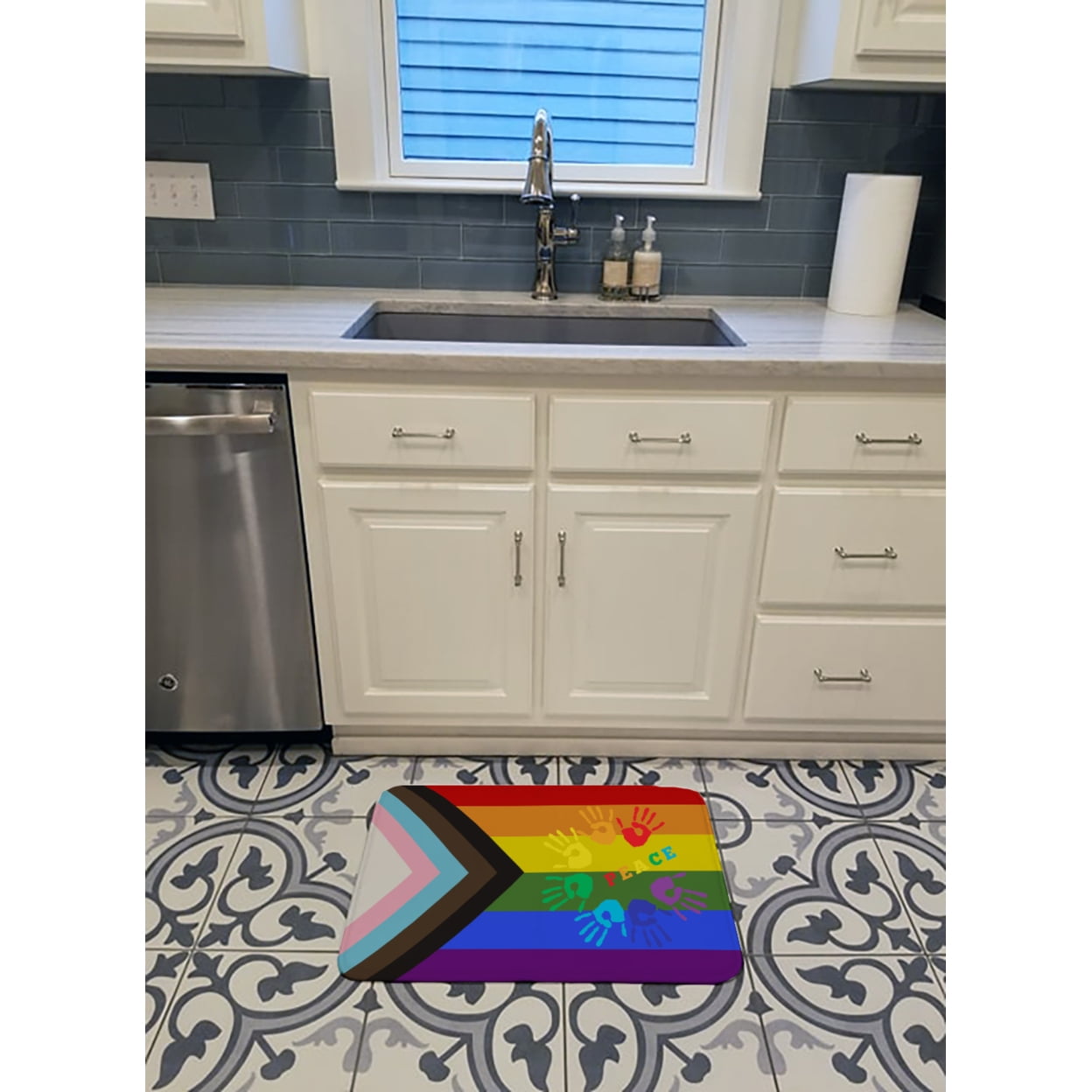 Gay Pride Peace Hands Progress Pride Machine Washable Memory Foam Mat