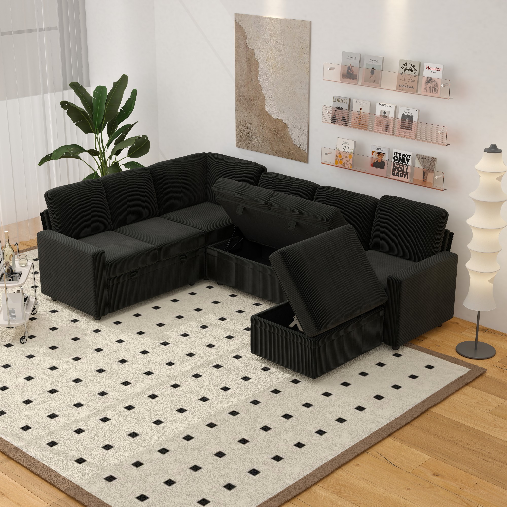 Gewnee 6-Seater Black L-Shaped Convertible Sofa - Soft-Touch Corduroy Fabric,Multifunctional Storage, for Living Rooms & Halls（including 1 footstool）