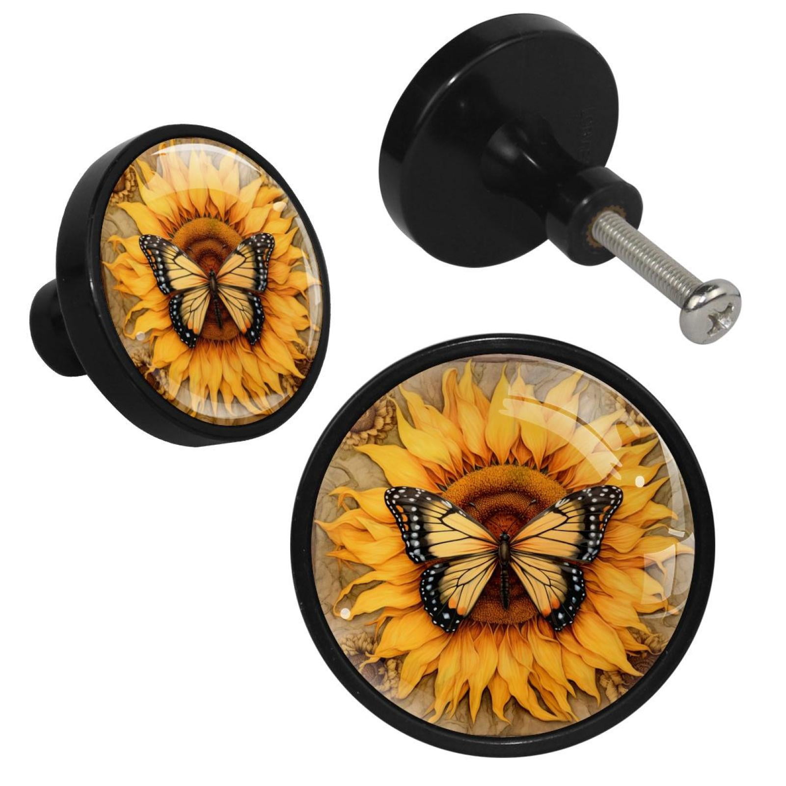 HemaKayy 4 Pack 1.3" Decorative Cabinet Knobs - Unique Design for Home Kitchen Bedroom Furniture Decor - Durable ABS Cabochon Glass Materials - Easy Installation - Sunflower and Yellow Butterfly