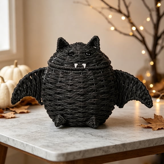 QLUEWX Halloween Woven Bat Storage Basket, Handmade Black Bat Candy Bowl with Lid & Detachable Wings, Indoor Tabletop Mantel Decor Organizer for Home Party