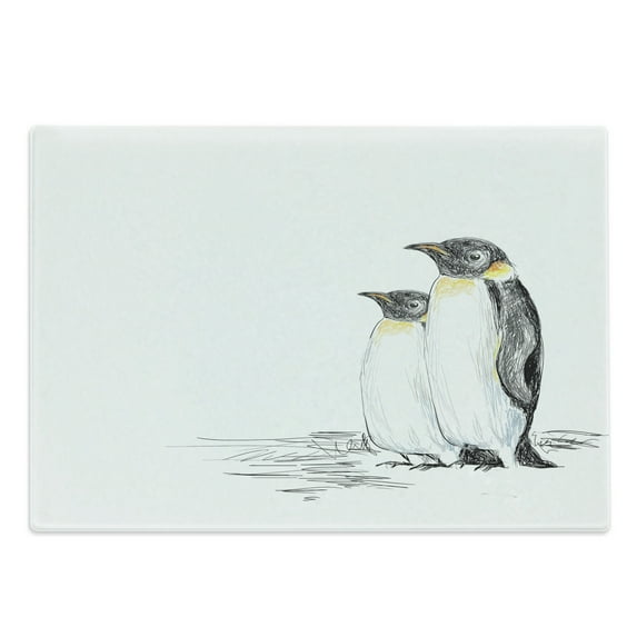 Sea Animals Cutting Board, Hand Drawn Art Penguins Aquatic Flightless Birds Polar South Pole Wildlife, Decorative Tempered Glass Cutting and Serving Board, Large Size, Black White, by Ambesonne