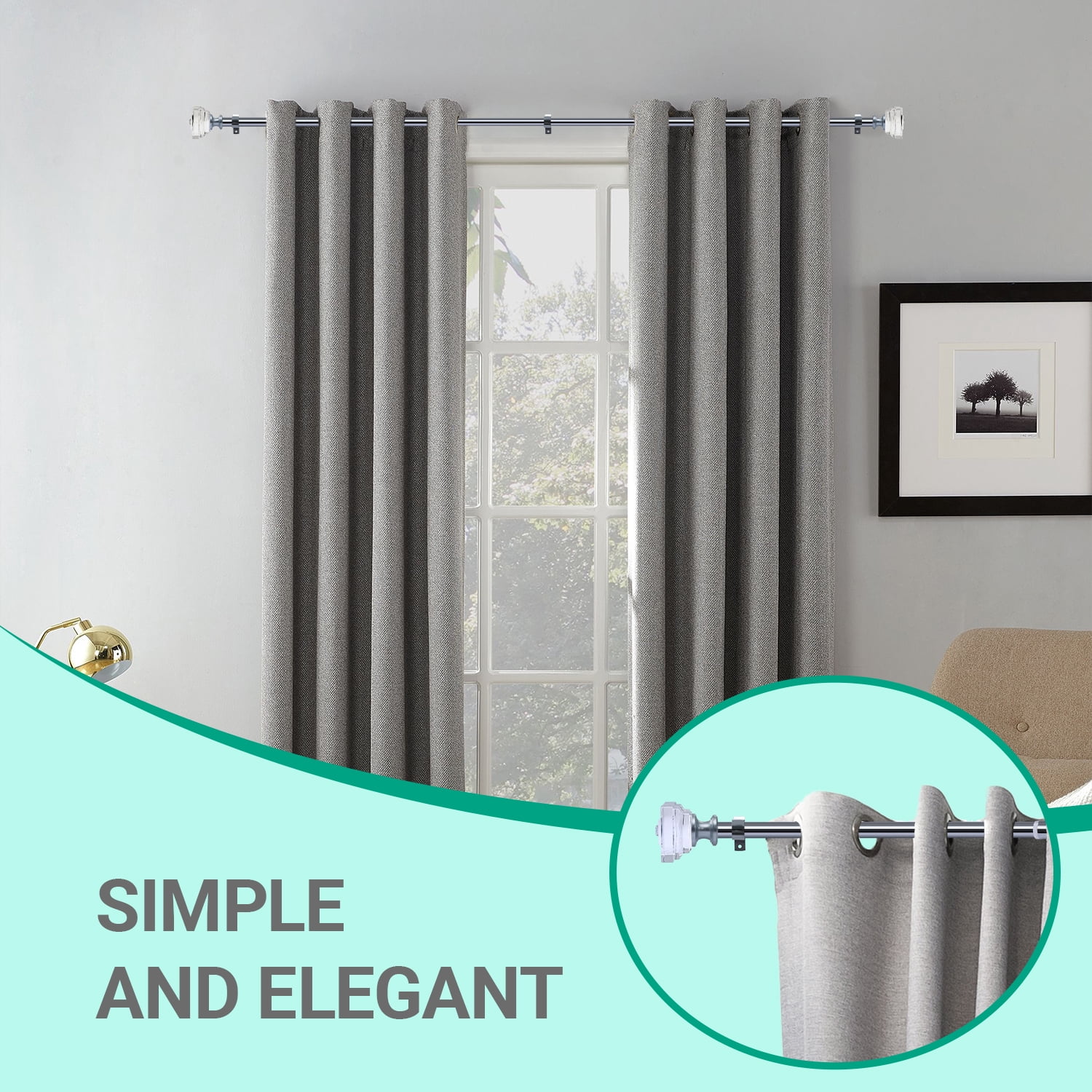 Curtain Rod Adjustable Window Drapery Rods with clear acrylic plexiglass square finials, 3piece brackets, hardware kits. Chrome 48-86 inches.